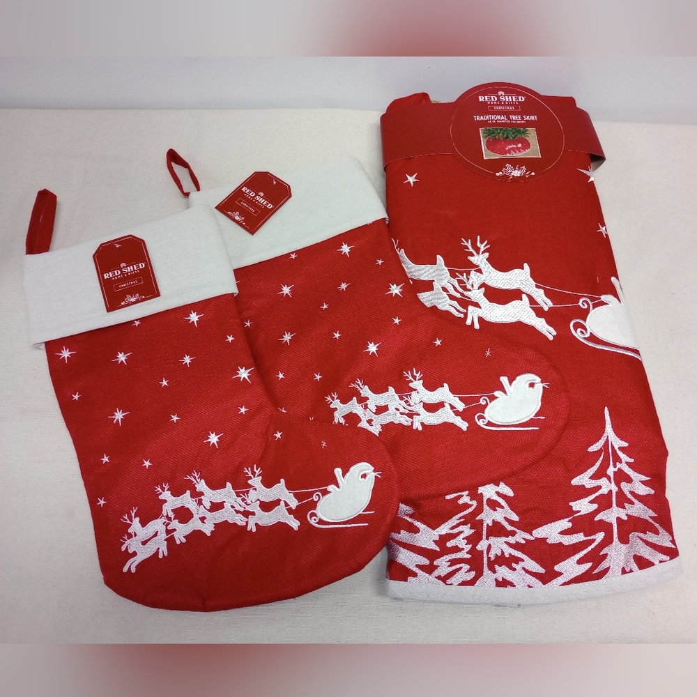 Embroidered Red and White Christmas Stockings And Tree Skirt Set